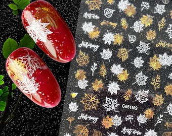 Gold Leaves Nail Stickers Maple Leaf Palm Tree Leaves Pecan Ash Fall Summer Self-Adhesive Nail Decals Stickers FMS