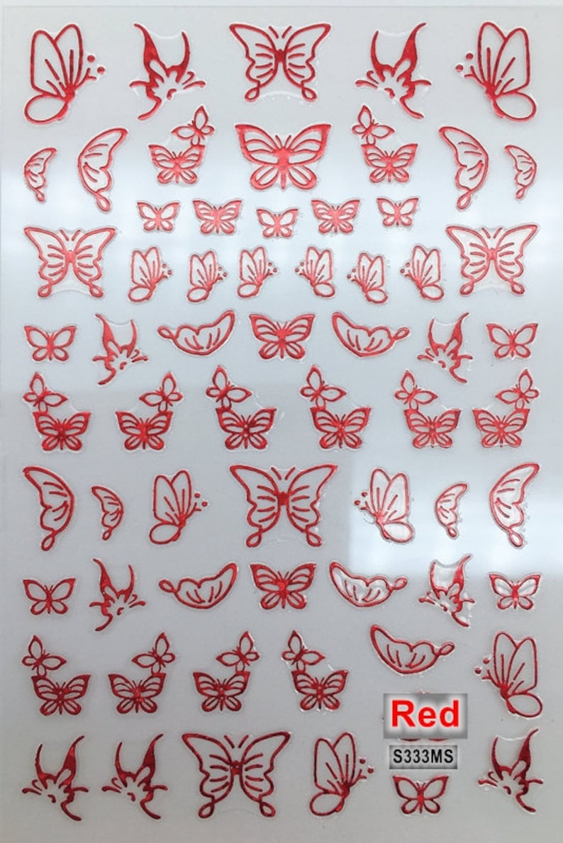 Butterfly White Nail Art Stickers Blue Butterflies outline Hollow Gold Silver Black Red 12 Colors Self-Adhesive Nail Art Decals SMS333 Red