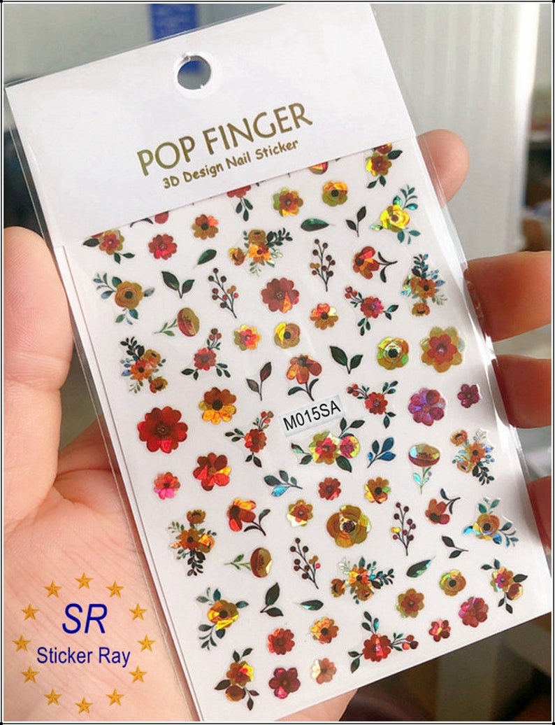 Holographic Flower Flowers Leaf Nail Stickers Decals Daisy Rose Sunflower Blue Self-Adhesive Nail Decal Sticker LSA M015 SA