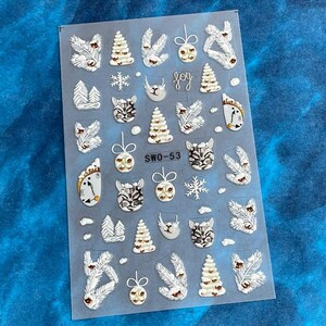 White Snowy Pine Forest 5D Embossed Nail Art Sticker: Clock Cat Christmas Tree Ornament