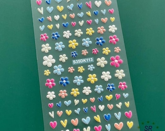 Daisy Heart 5D Embossed Nail Art Sticker: Neon French Rainbow Engraved Flower Blossom Leaves