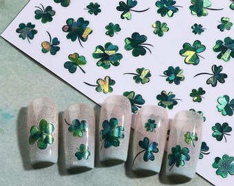 Clover Leaf Nail Art Sticker: Laser Silver Green Luck Shamrock St. Patrick’s Day