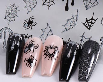 Glitter Silver Halloween Spider Web Nail Art Stickers Black Dripping Ghost Pink Pumpkin Orange Sugar Skull Self Adhesive Nail Art Decals S8A