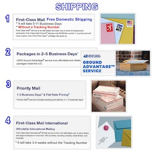 May include: Image detailing shipping options, including First-Class Mail, Packages in 2-5 Business Days, Priority Mail, and First-Class Mail International. The image includes text and examples of envelopes, stamps, and packages.