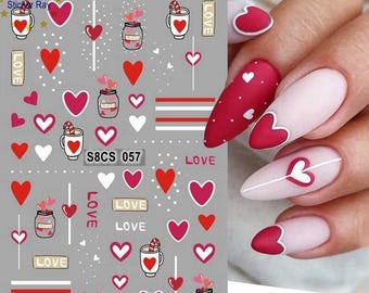 Hearts Valentine Nail Art Sticker Pink Red Heart Silver Balloon Stars S8CS
