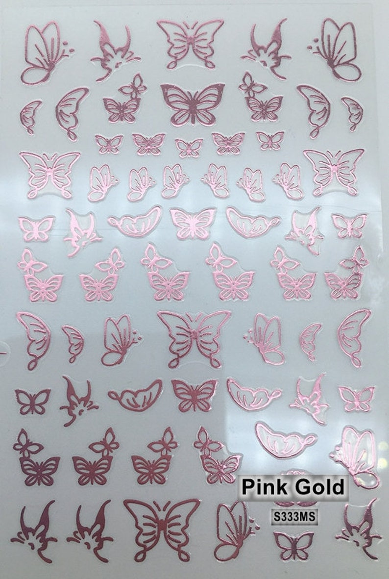 Butterfly White Nail Art Stickers Blue Butterflies outline Hollow Gold Silver Black Red 12 Colors Self-Adhesive Nail Art Decals SMS333 Pink Gold