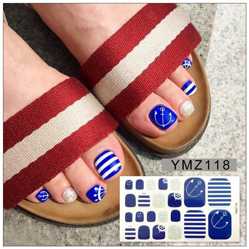 Toenail Navy Blue Stripes Toe Nail Stickers Anchor Whale Blue