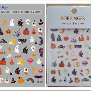 May include: Halloween-themed nail art stickers featuring pumpkins, ghosts, bats, spiderwebs, and haunted houses. The stickers are in various colors, including orange, purple, and white. The package is labeled "POP FINGER nailart". The sticker sheet measures 90mm x 75mm.