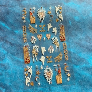 5D Embossed Halloween Nail Art Stickers Gold Pumpkin Spider Web White Ghost Skeleton Hand Moon Stars Hearts Self Adhesive Nail Decal S35DK