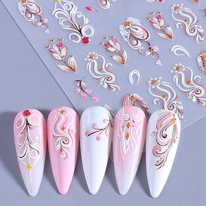 Pink Flower Swirls Ripple Embossed Nail Stickers Abstract Flower Leaves White Floral Black French Tips Self Adhesive Nail Art Decal S3SWO