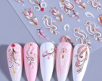 Pink Flower Swirls Ripple Embossed Nail Stickers Abstract Flower Leaves White Floral Black French Tips Self Adhesive Nail Art Decal S3SWO