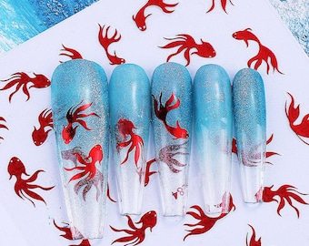 Red Goldfish Nail Art Stickers Koi Fish Swimming Upstream Gold Fish Japanese Culture Self Adhesive Nail Art Decal S3SO