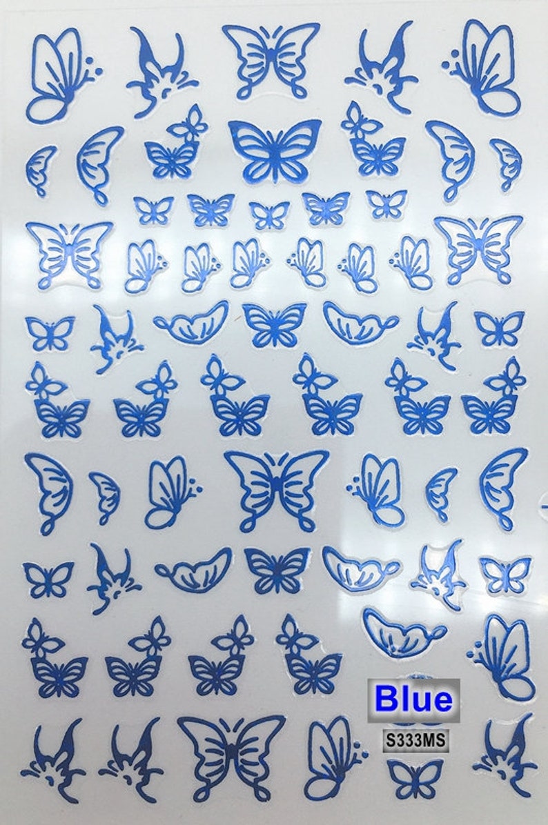 Butterfly White Nail Art Stickers Blue Butterflies outline Hollow Gold Silver Black Red 12 Colors Self-Adhesive Nail Art Decals SMS333 Blue