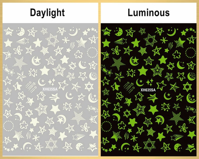 Pu&ograve; includere: Due fogli di adesivi per unghie che brillano al buio con una variet&agrave; di forme di stelle, lune crescenti e altre. Il foglio a sinistra mostra gli adesivi alla luce del giorno, mentre il foglio a destra mostra gli adesivi che brillano al buio. Gli adesivi sono etichettati "XH635SA".