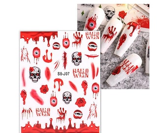 Skull Halloween Nail Stickers Blood Dripping Bloody Eyeball Scars Halloween Vampire Teeth Bats Red Rose Self Adhesive Nail Art Decals S8J