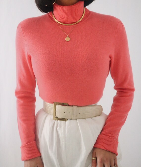 Vintage Coral Pink Cashmere Turtleneck Sweater - S