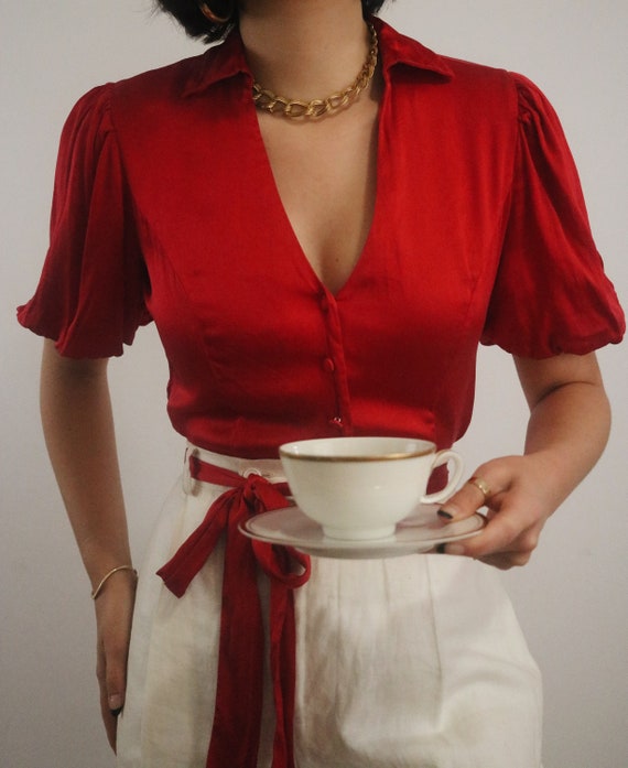 Vintage Silk Puff Sleeve Blouse - Cherry Red Silk