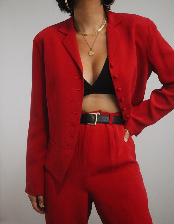 Vintage Red Silk Pant Suit - High Waisted Silk Tro