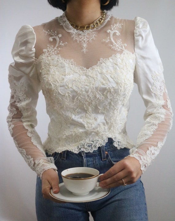 Vintage 1970’s Cream Satin Lace Puff Sleeve Rework