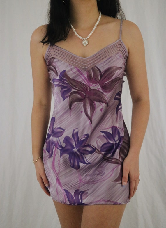 Vintage Orchid Purple Floral Silk Mini Slip Dress… - image 1