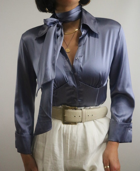 Vintage Bebe Ice Blue Silk Blouse with Removable S