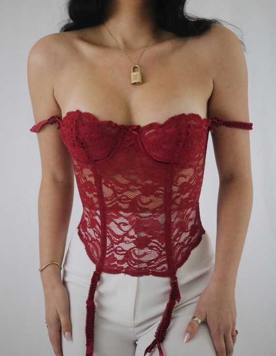 Vintage 80's Victorias Secret Deep Crimson Lace Bustier Corset 34B