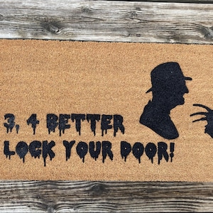 Horror Movie Doormat, 3 4 Better Lock Your Door, Freddy, Fall Decor, Home Decor, Personalized Doormat, Halloween Doormat, Scary Movie Decor