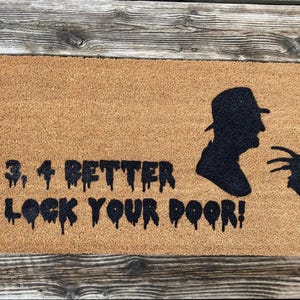 Horror Movie Doormat, 3 4 Better Lock Your Door, Freddy, Fall Decor, Home Decor, Personalized Doormat, Halloween Doormat, Scary Movie Decor