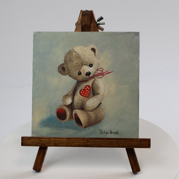 Art mural d’ours en peluche, peinture d’ours en peluche adorable, décor de chambre d’enfant parfait, art mural pour chambre d’enfant, cadeau de la Saint-Valentin, petite peinture à l’huile