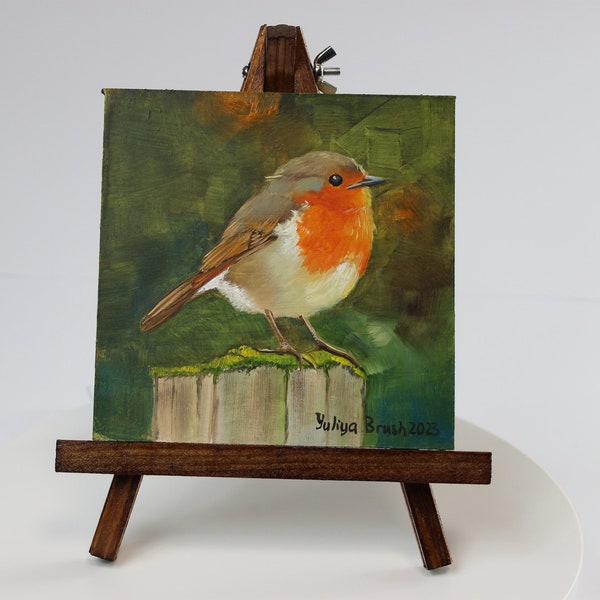 Peinture de petit oiseau, oeuvre d'art originale à l'huile, peinture miniature de rouge-gorge, petite peinture d'oiseau mignon, petit art mural rouge-gorge européen, cadeau de fête des mères