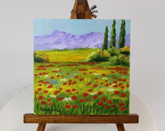 Peinture à l'huile champ de coquelicots, coquelicots rouges, art mural champ de fleurs, oeuvre de paysage de pavot, oeuvre d'art murale à l'huile fleurs de pavot, petite peinture à l'huile