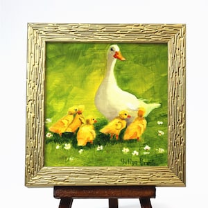 Goose and Goslings Oil Painting: Farmhouse Kids Room Decor (4x4 inch)