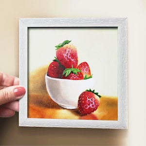 Petite peinture à l'huile originale, peinture à l'huile miniature nature morte aux fraises, peinture originale petite nature morte aux fruits, décoration de cuisine de ferme