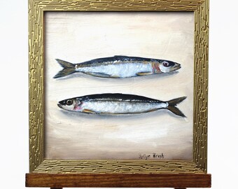 Sardine Painting: Miniature Still Life Artwork, 6x6 inch