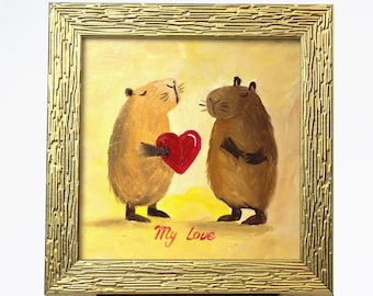 Pintura romântica a óleo de capivara: arte de parede de cozinha com vida selvagem