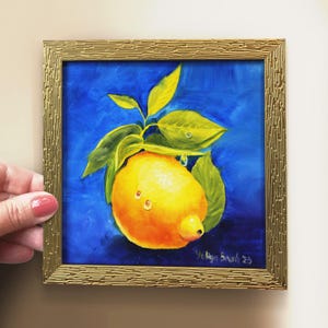 Lemon Oil Painting, Vibrant Citrus Art for Kitchen wall Decor, Tiny Original Oil Painting, Fruit Still Life Original, Small Birthday Gift