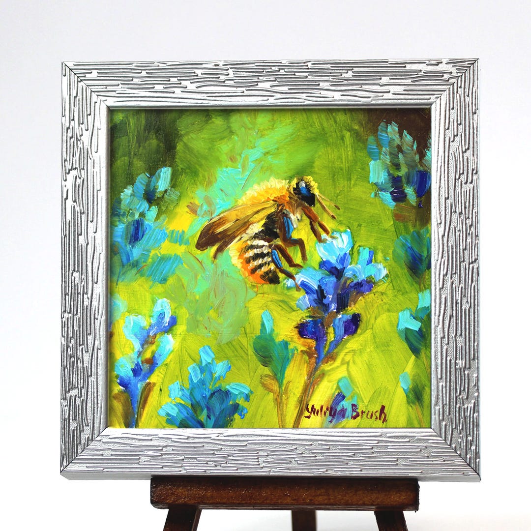 Honey Bee Painting, Mini Painting, Cute Floral Wall Art , Tiny Painting ...