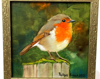 額入りロビン鳥の絵画、リアルな鳥の油絵、赤い鳥のオリジナルアート