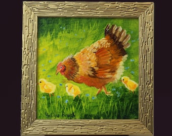 Hen and Chicks Oil Painting: Farmhouse Country Decor (4x4 inch)