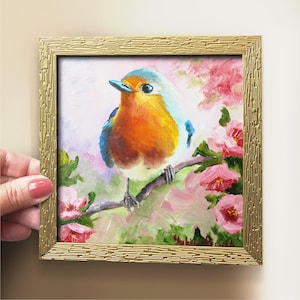 小さな鳥の絵、アカハラコマドリの小さな花の絵、ミニチュア絵画、小さなオリジナル油絵、かわいい母の日ギフト