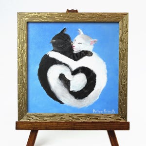 Peinture à l'huile chat Yin Yang, petite peinture à l'huile pour les amoureux des chats, mignons chatons en noir et blanc, peinture yin yang romantique