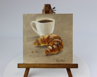 Cup of Coffee and Croissant Small Oil Painting, Breakfast Painting for Kitchen Wall Decor, Coffee Bar Wall Decor, Coffee Aesthetic