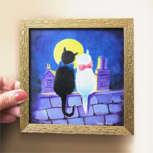 Tableau romantique, petite peinture à l'huile, tableau chat mignon, petite peinture à l'huile originale, tableau couple romantique, cadeau de premier anniversaire