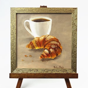 Petite peinture à l&#39;huile tasse de café et croissant, peinture petit déjeuner pour décoration murale de cuisine, décoration murale de bar-café, esthétique café