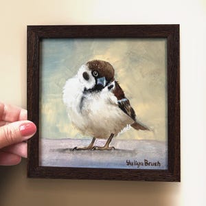 Peinture à l&#39;huile originale de moineau : décor d&#39;oiseau rétro (6 x 6 pouces)