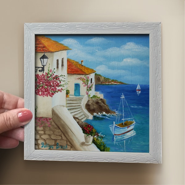 Mini peinture paysage marin, peinture miniature, peinture paysage marin de Positano, art paysage côtier italien, paysage marin original, cadeau de pendaison de crémaillère