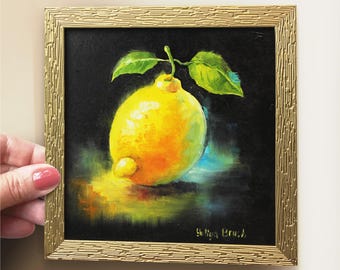 レモン オリジナルアート 6x6 S. Lee Mark 作 静物画油絵 フルーツ