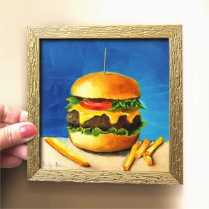 Deliciously Retro Burger Wall Art, Original Oil Painting for Your Kitchen, Small Oil Painting, Fast Food Art, Still Life Original