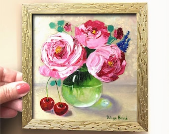 Miniature Peony Oil Painting: Floral Still Life Artwork (6x6 inch)