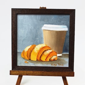 Paper Cup of Coffee with Croissant Wall Decor, Croissant and Coffee Kitchen Wall Art, Small Oil Painting for Bakery Lovers, Food Painting